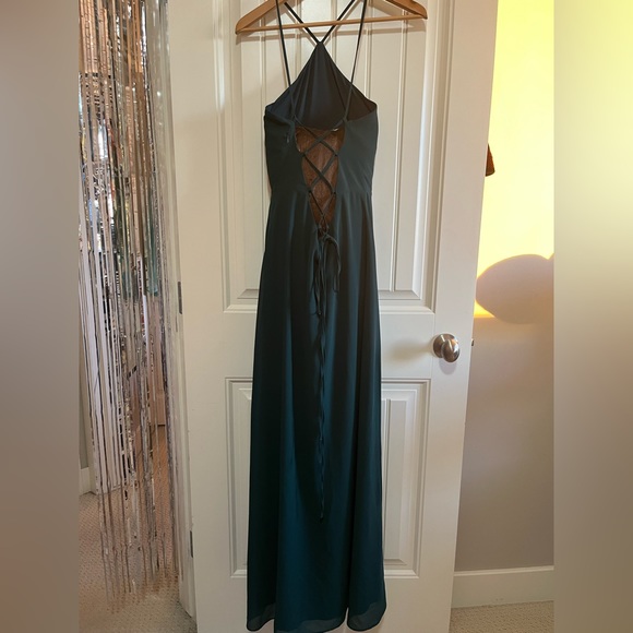 Event dress by Tobi. Floor length, forest green with high slit & lace up back. - Picture 3 of 7